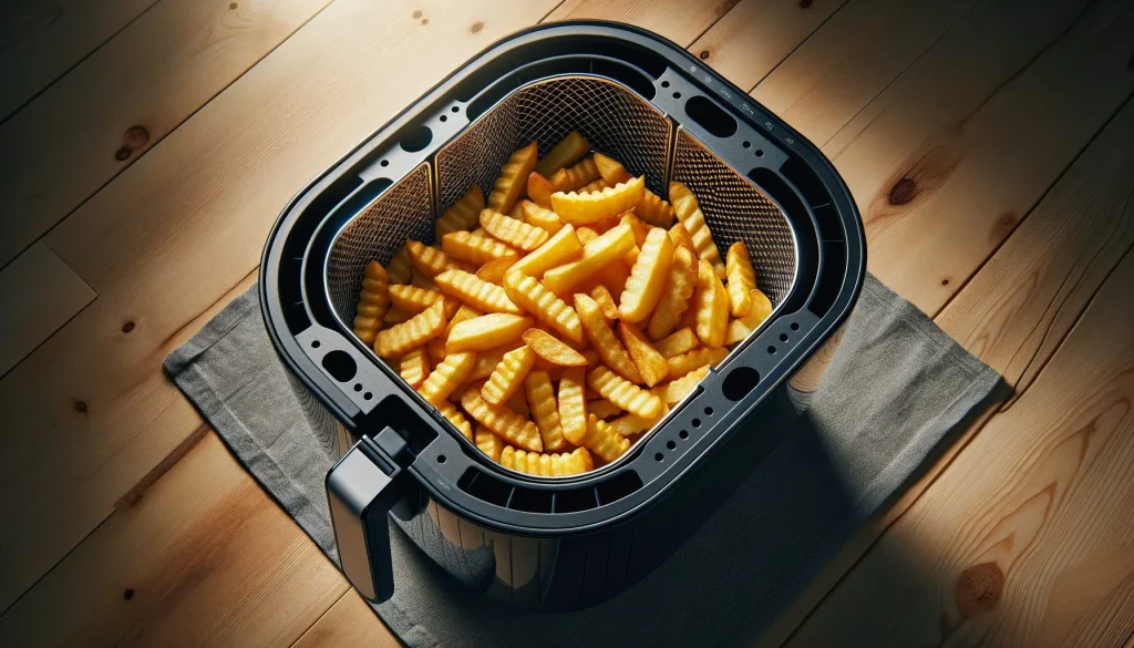Golden crispy chips in an air fryer basket — easy air fryer recipes for beginners