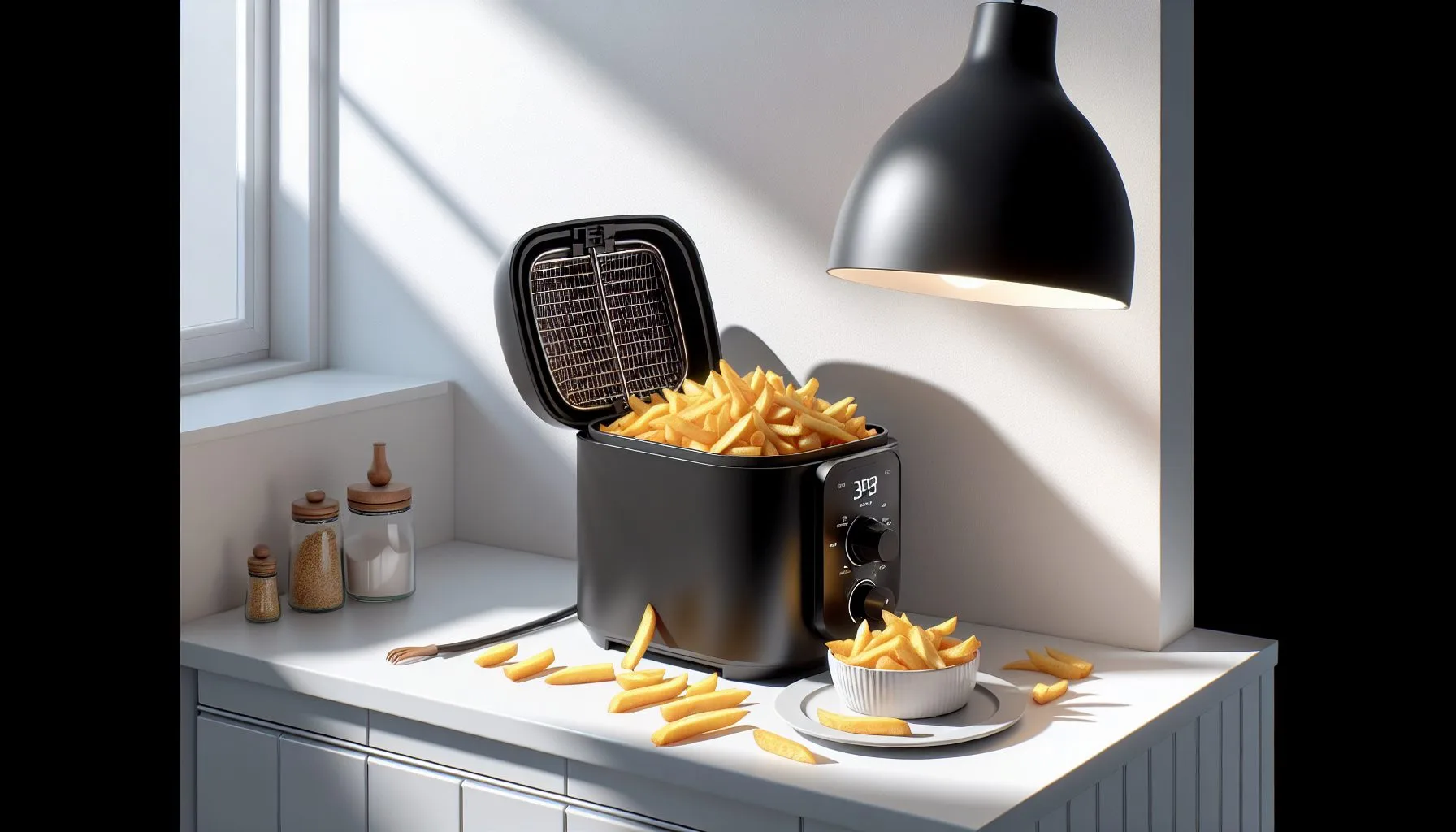 Modern air fryer on kitchen counter ready for cooking easy meals