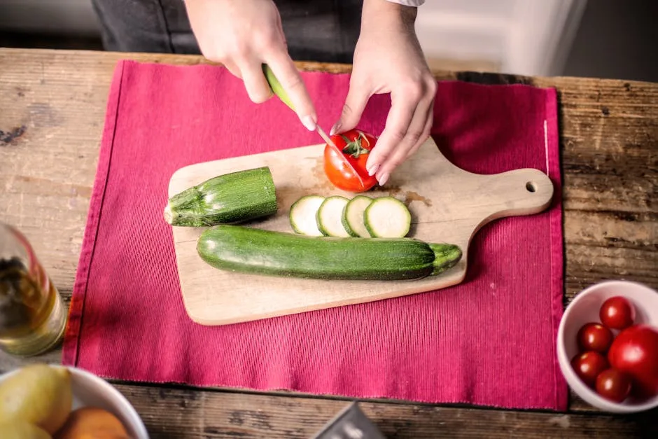 Fresh vegetables and ingredients on a wooden chopping board for air fryer cooking