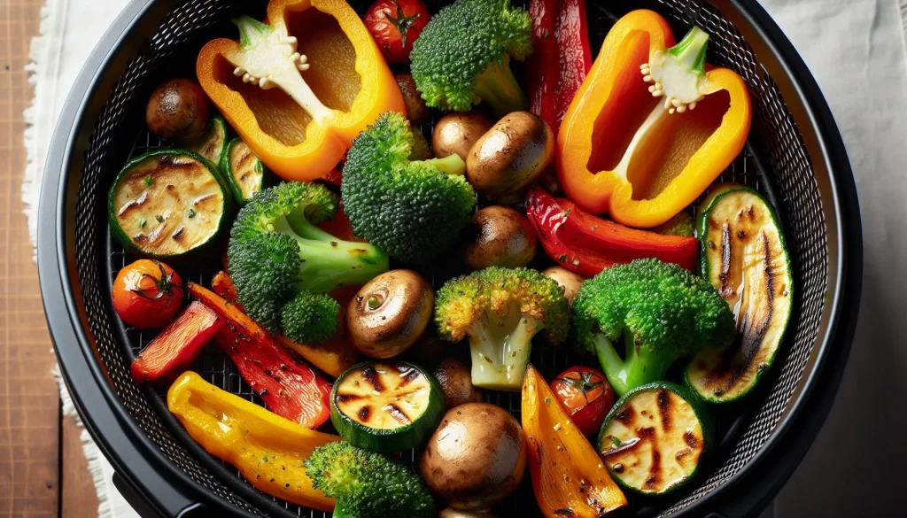 Colourful roasted vegetables in an air fryer basket