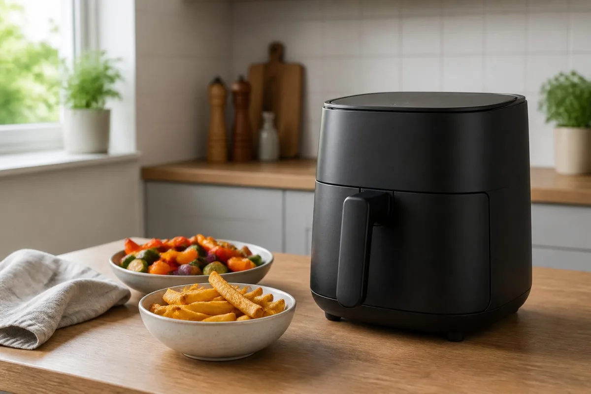Single-drawer air fryer with chips and roasted vegetables in a modern UK kitchen