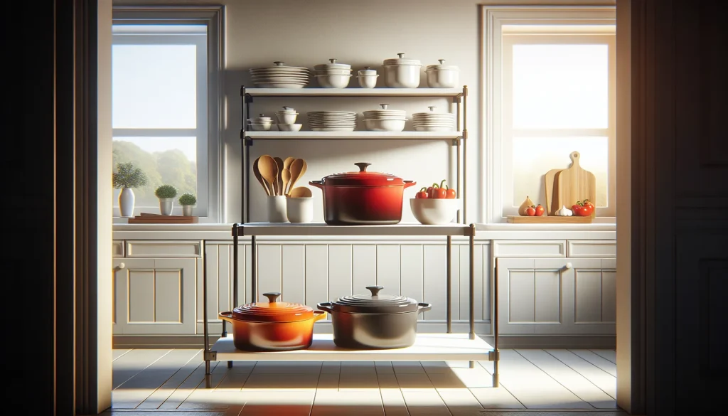 Colourful enamelled cast iron casserole dishes on kitchen shelf
