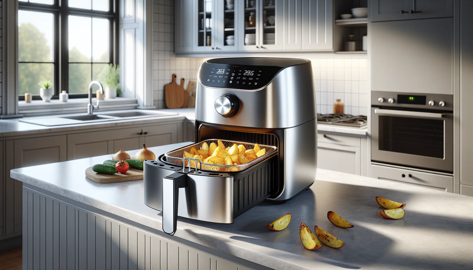 Air fryer with open basket and golden potato wedges on a kitchen worktop