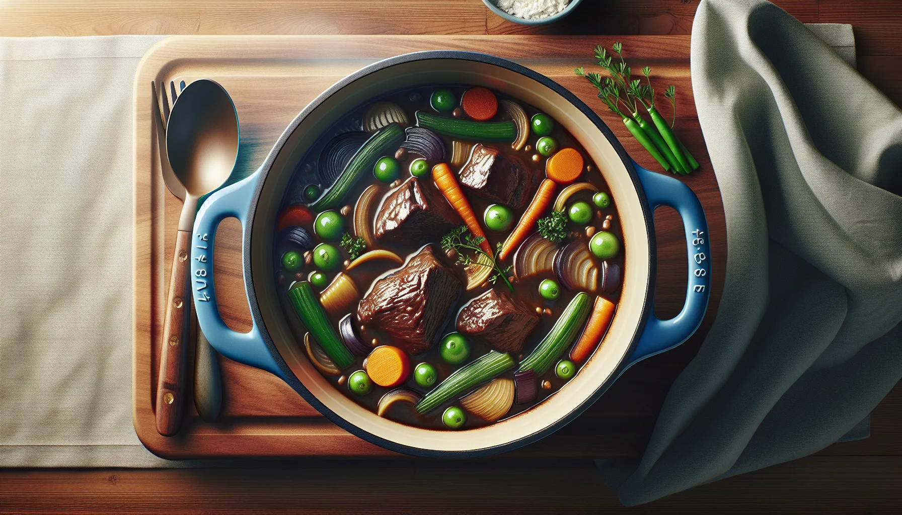 Blue enamelled cast iron casserole dish with beef stew on worktop