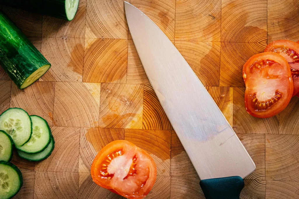 Kitchen knife set in wooden block on kitchen counter