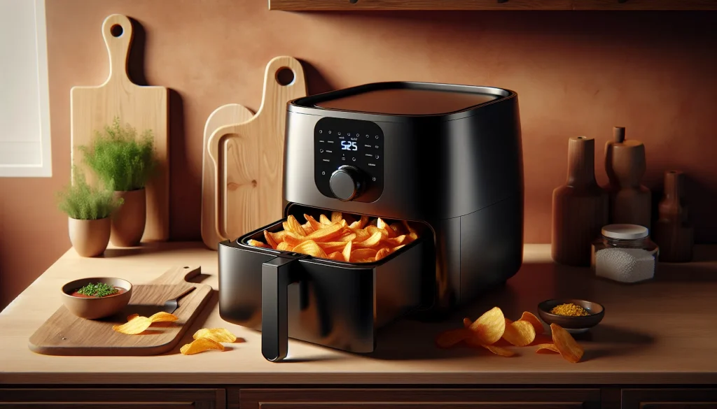 Large dual basket air fryer with golden chips on a kitchen countertop