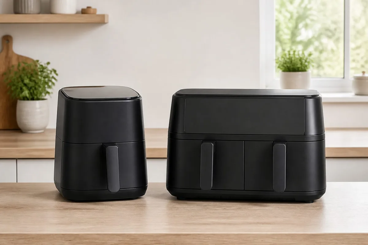 Single-drawer and dual-zone air fryers side by side for size comparison