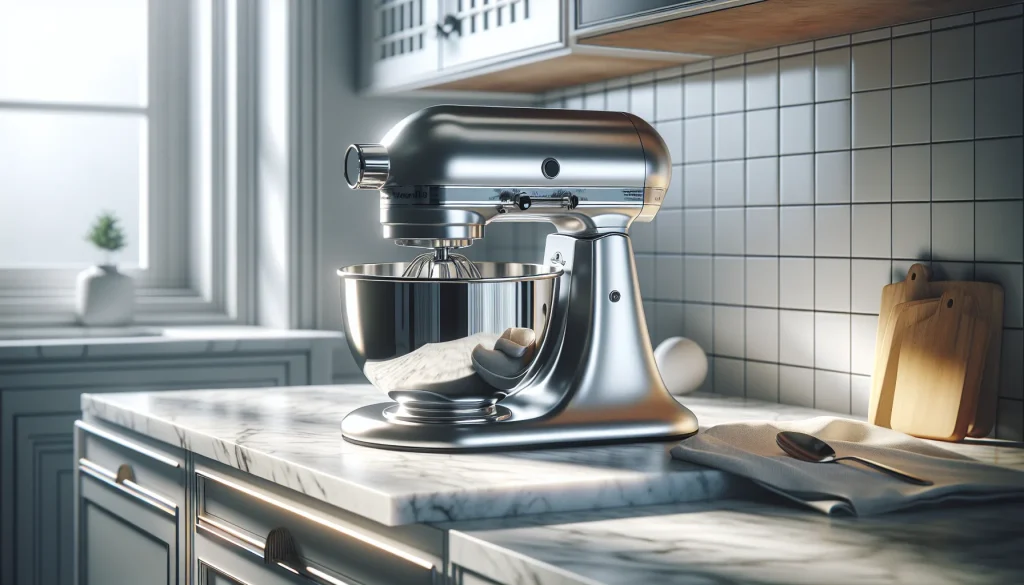 Stand mixer with stainless steel bowl on a marble kitchen countertop