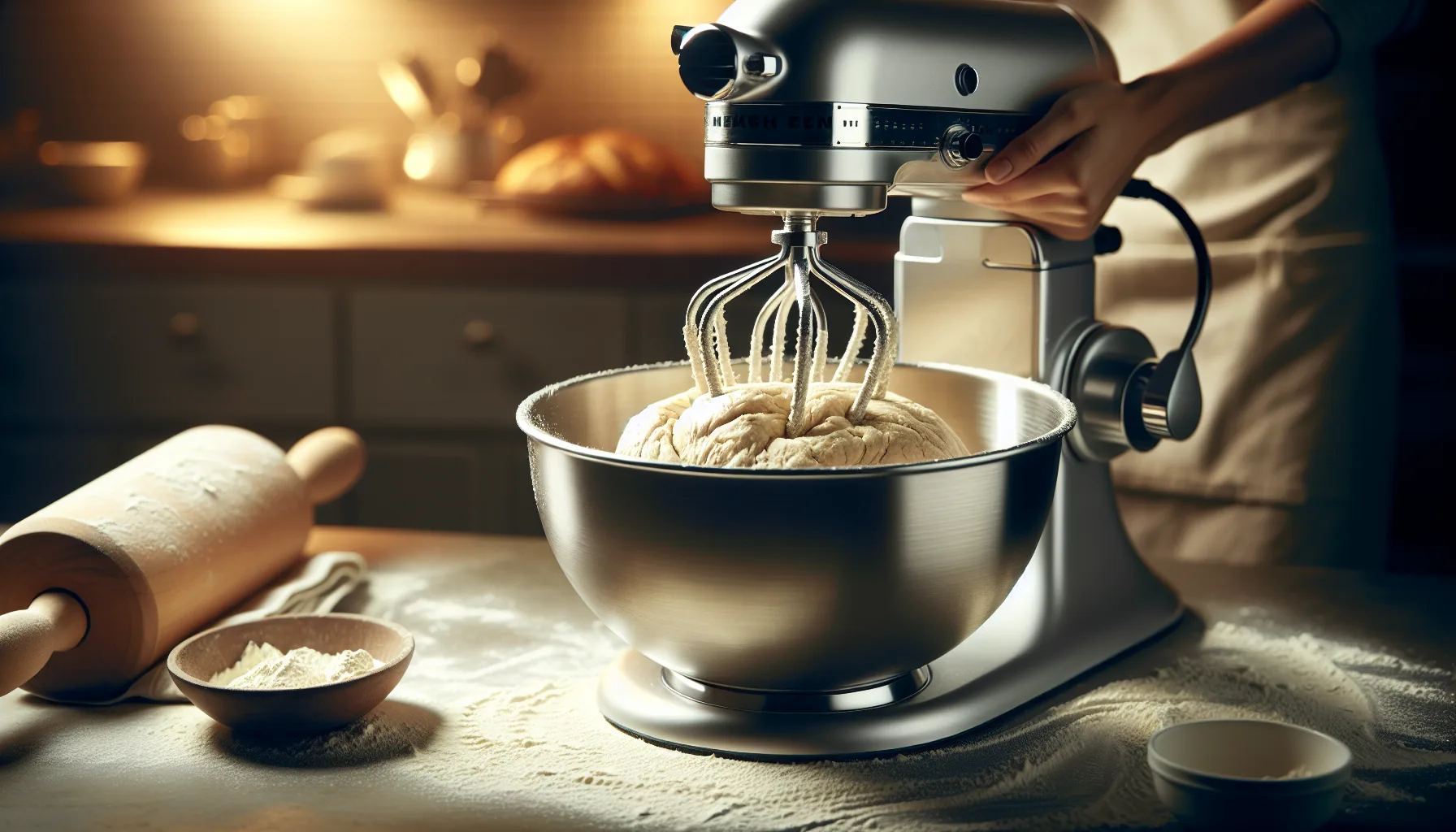 Bread dough being mixed in a stand mixer bowl