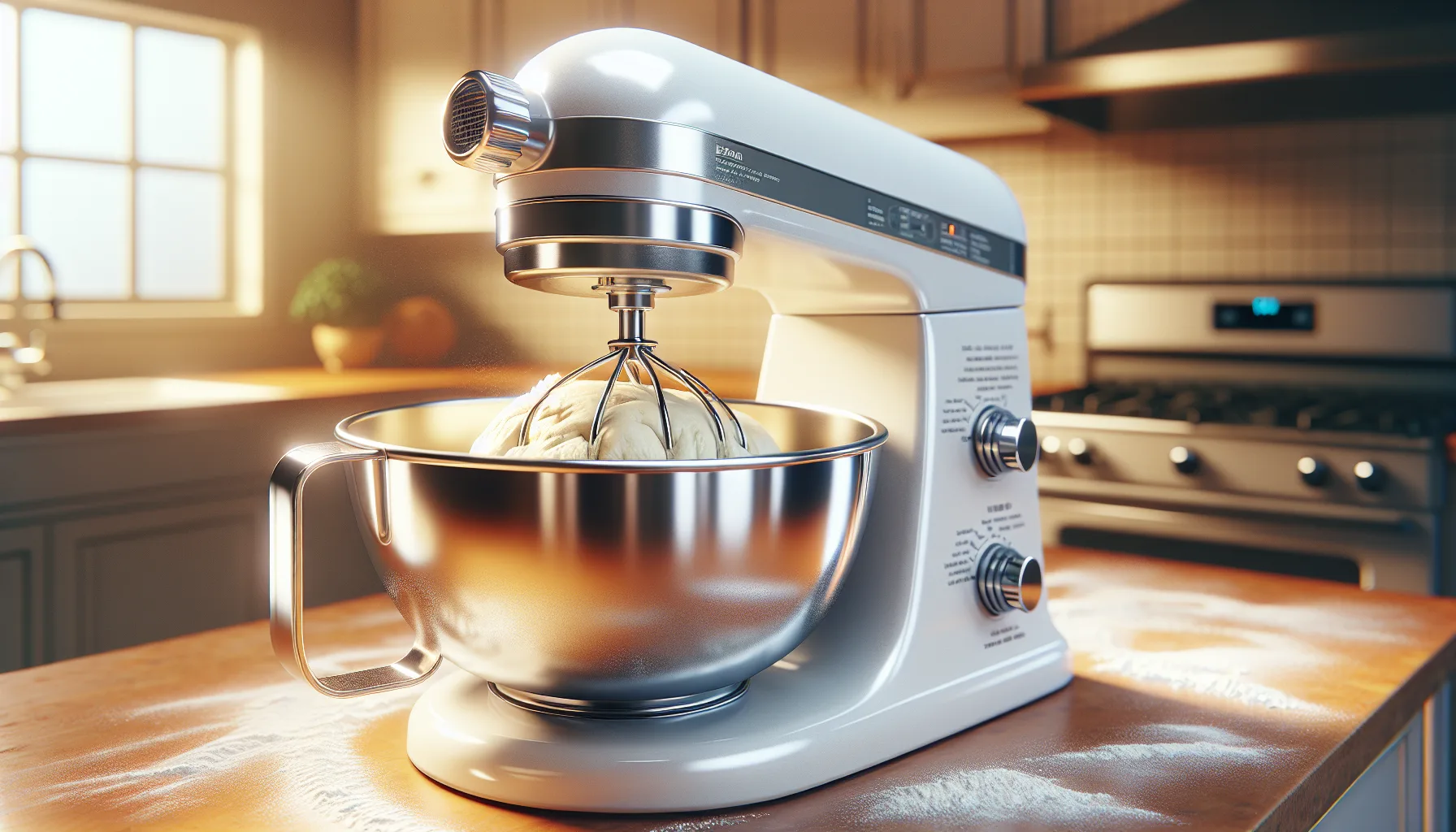 Bread dough being kneaded by dough hook in a stand mixer bowl