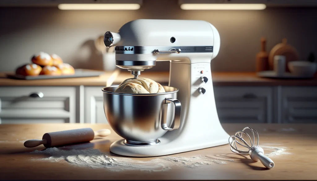 Stand mixer with dough hook making bread on kitchen counter