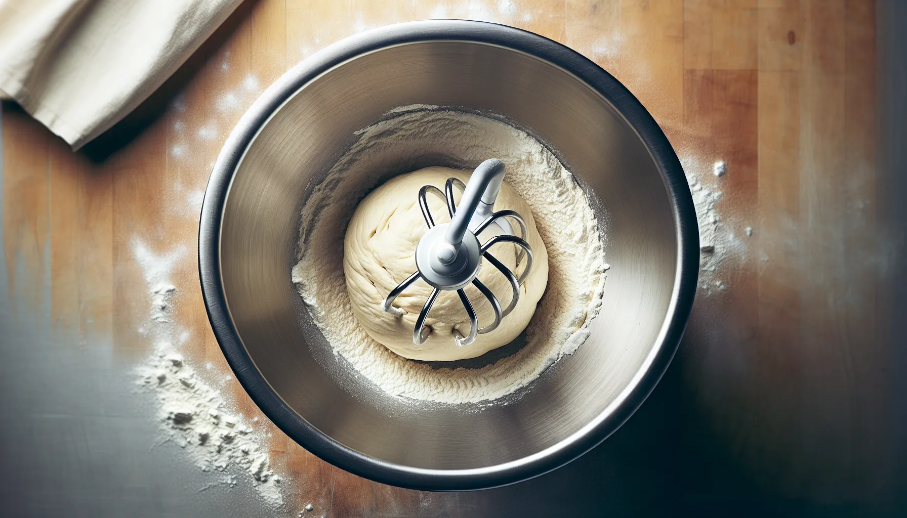 Overhead view of bread dough being kneaded by a dough hook in a stand mixer bowl