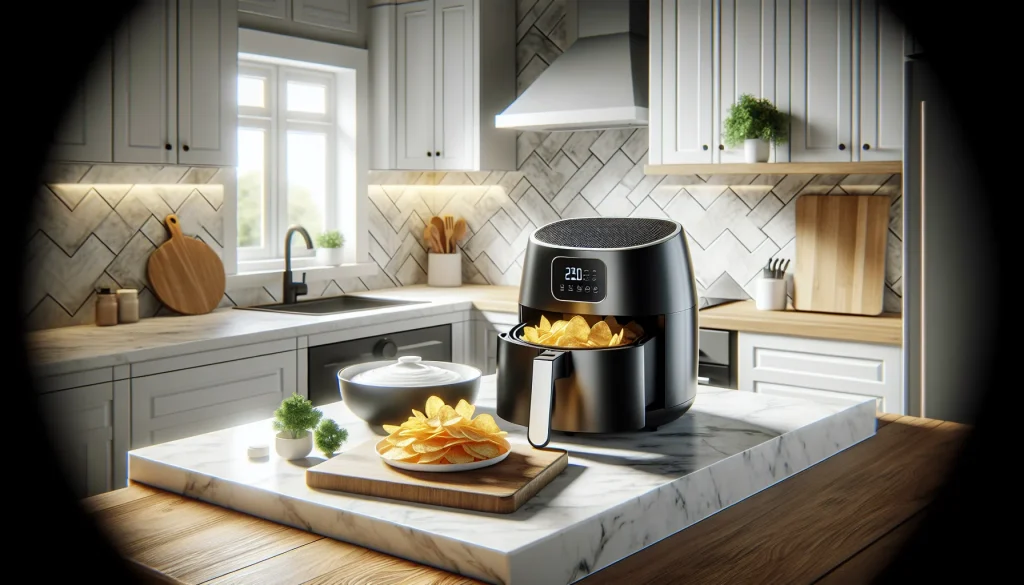 Air fryer with basket open showing golden chips on a kitchen counter