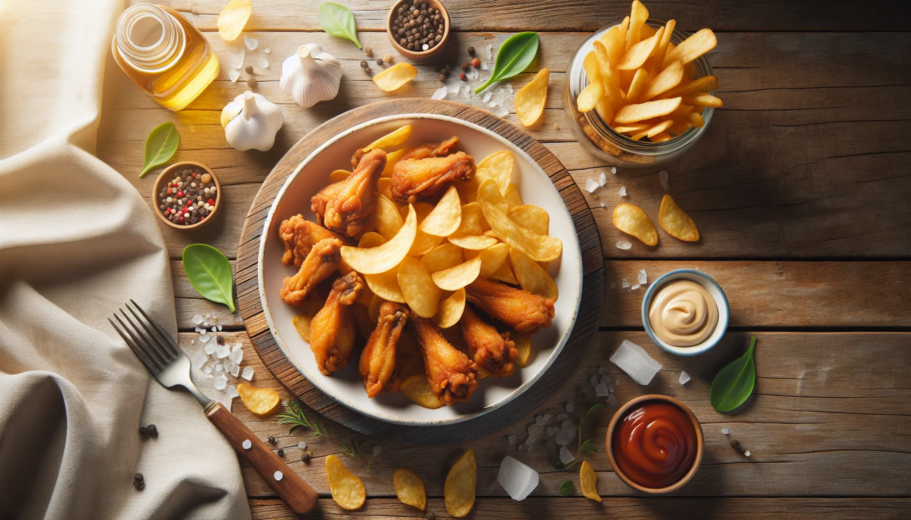 Golden crispy chips and chicken wings on a plate
