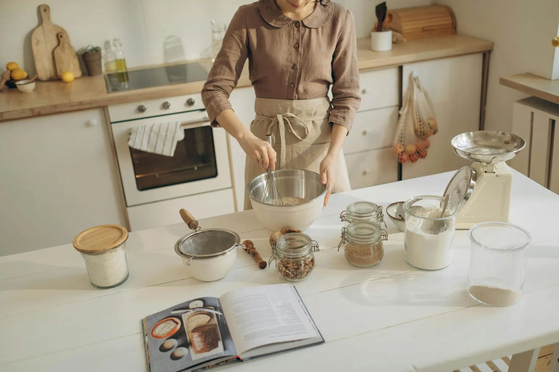 Digital kitchen scales weighing flour for baking