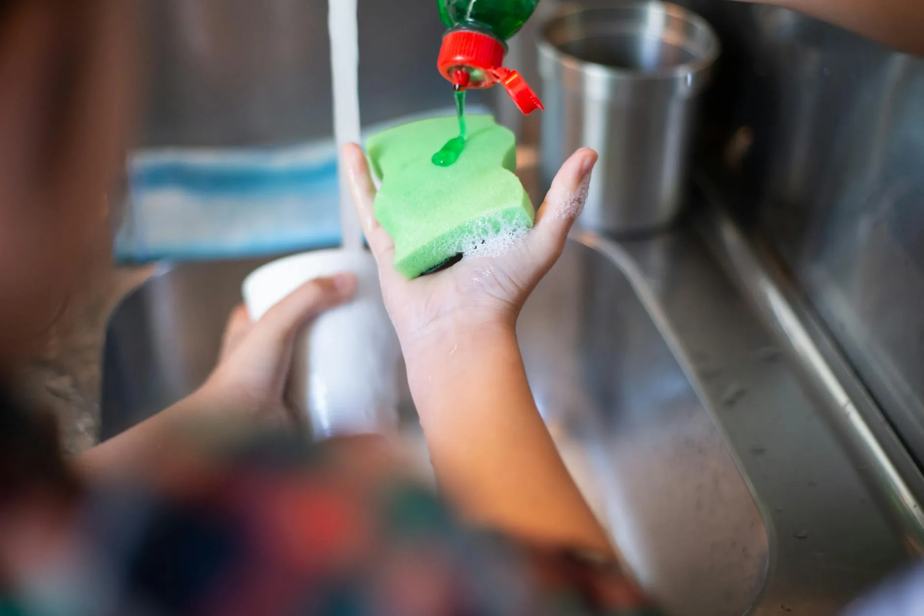 Kitchen sponge and washing-up liquid for cleaning dishes
