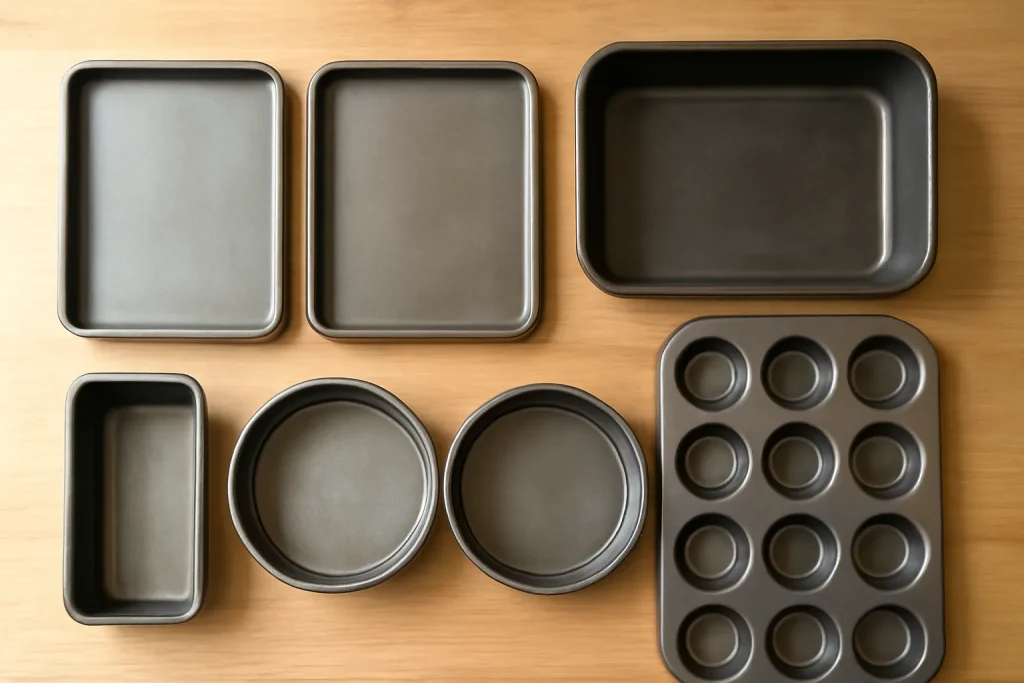 Baking trays and tins laid out on a kitchen worktop