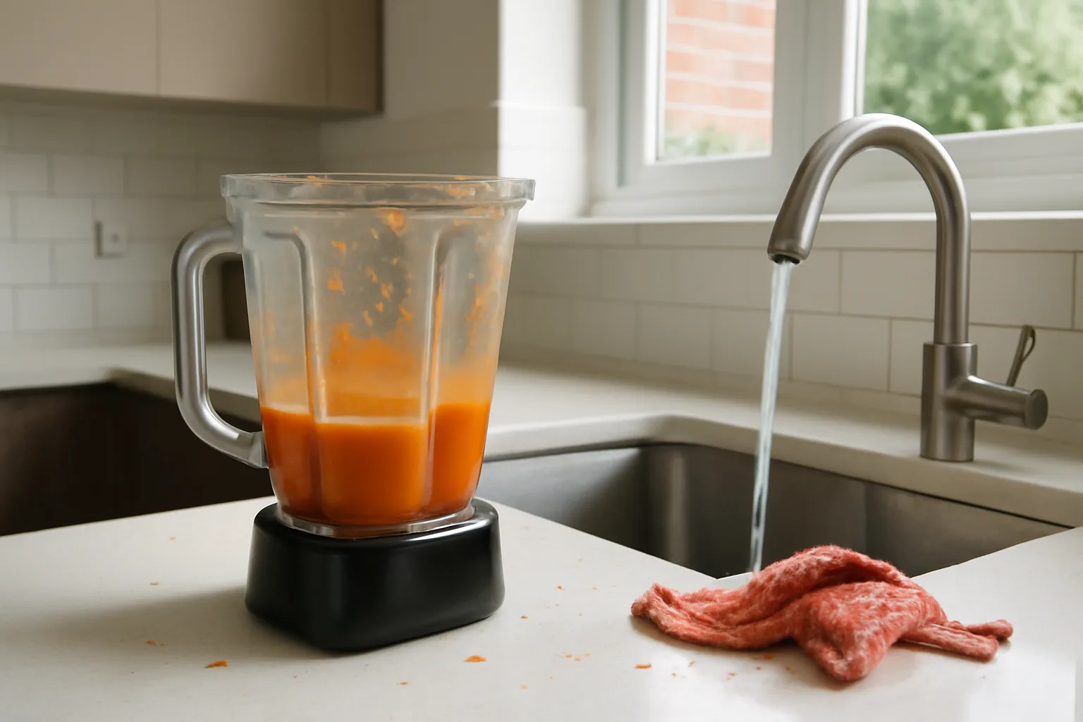 Blender jug with soup residue ready to clean after blending