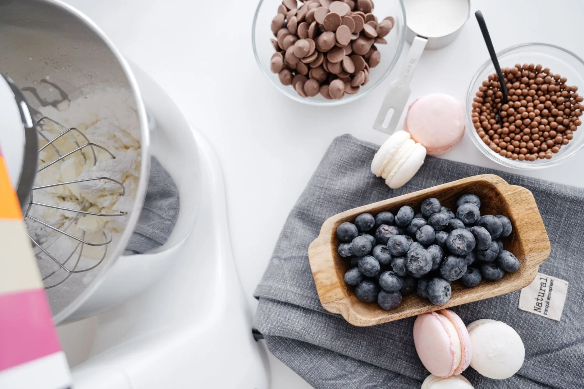 Stand mixer bowl and whisk attachment after mixing