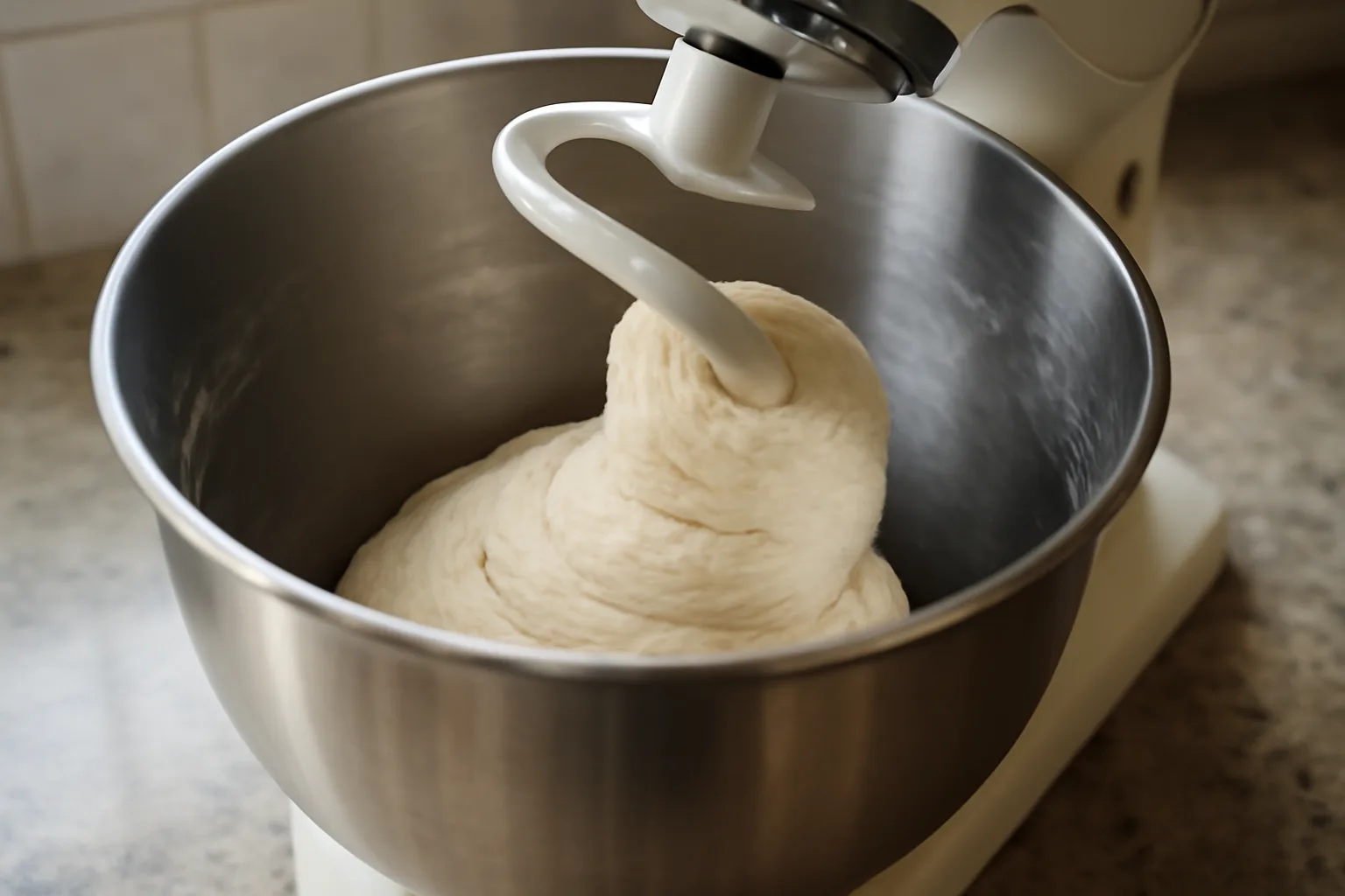 Close-up of dough wrapped around a stand mixer dough hook