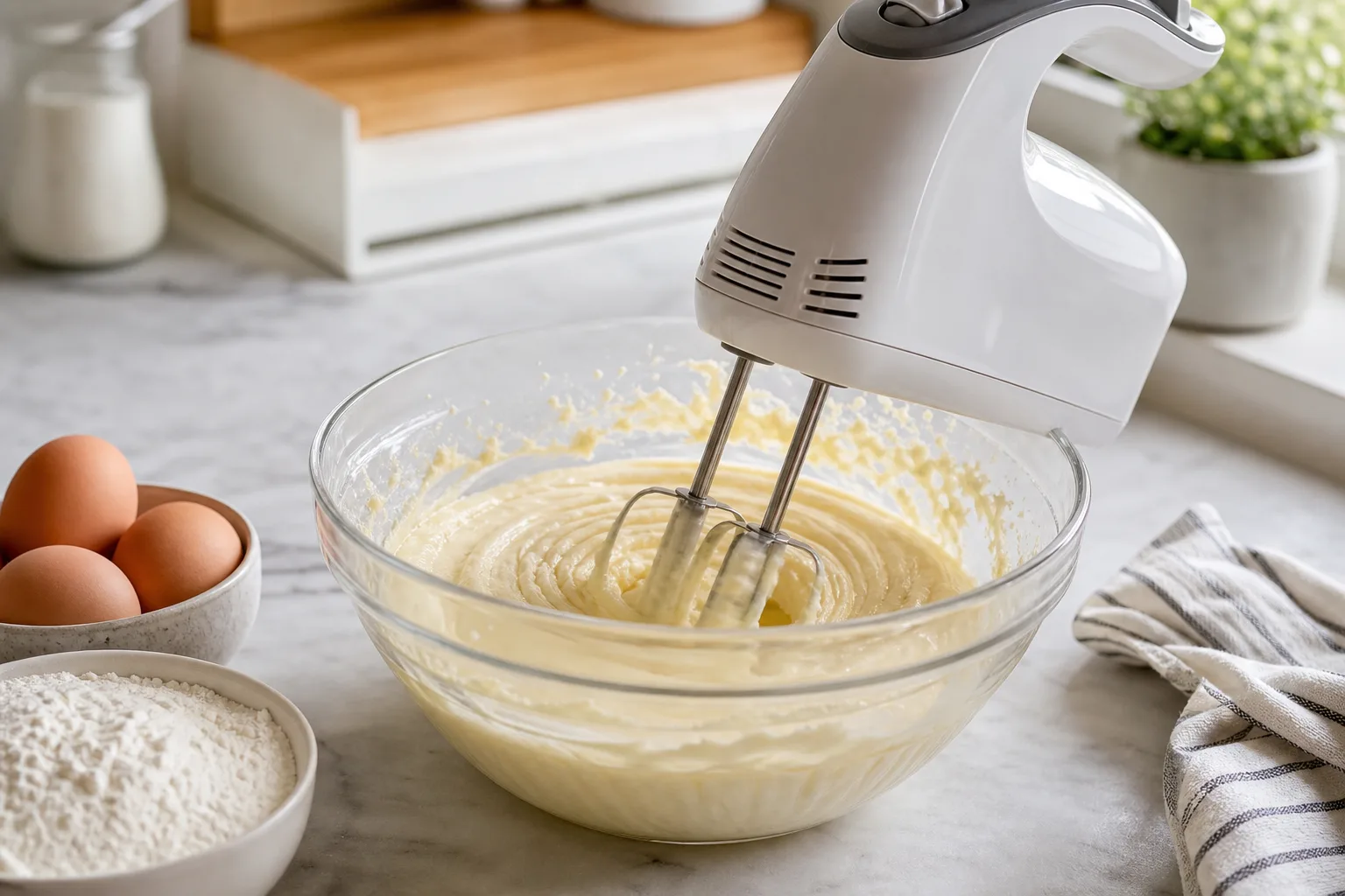 Electric hand mixer beating cake batter in a bowl