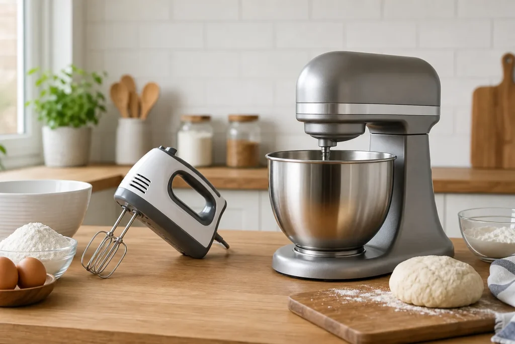 Hand mixer and stand mixer on a kitchen counter for baking