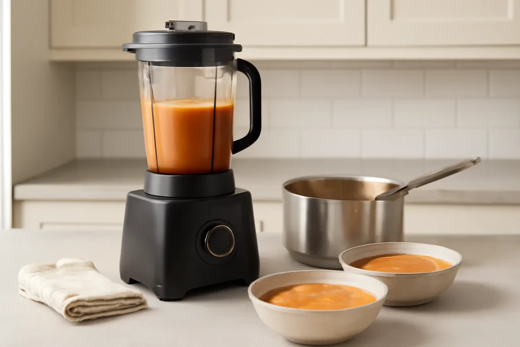Vented blender jug with hot vegetable soup in a kitchen