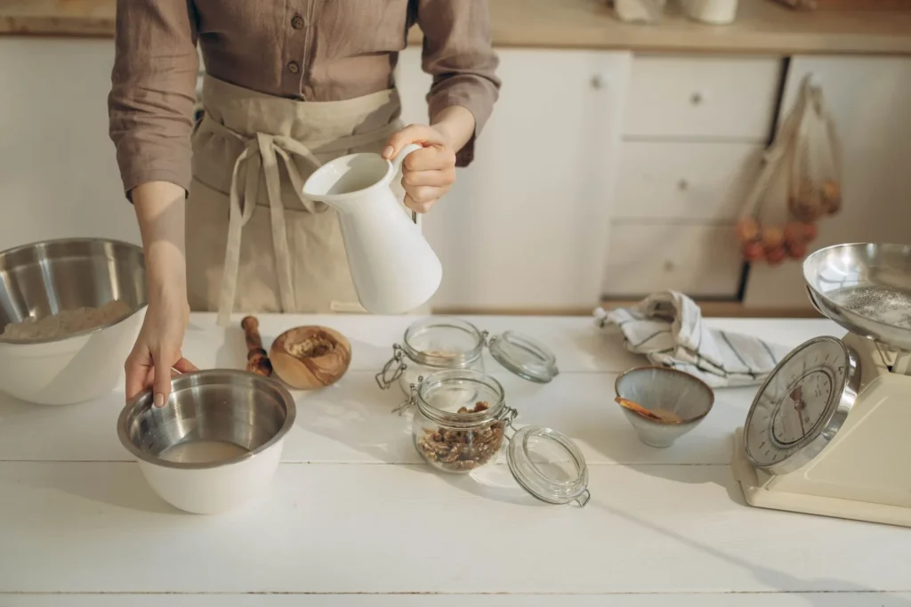 Kitchen scales weighing flour for accurate home cooking