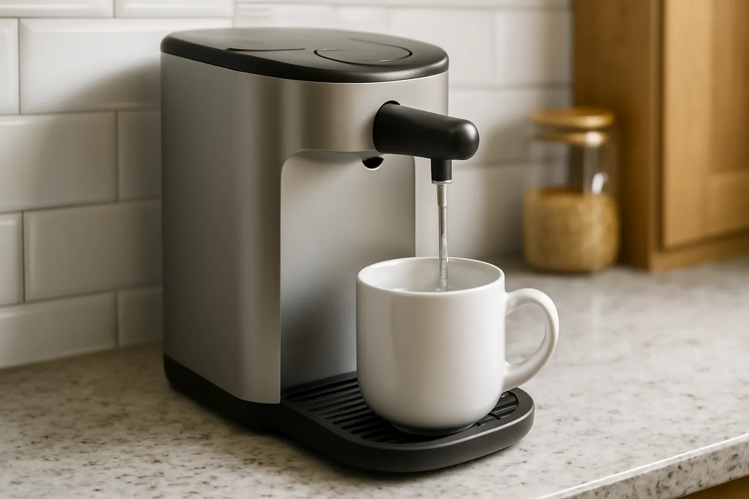 Hot water dispenser filling a mug on a kitchen counter