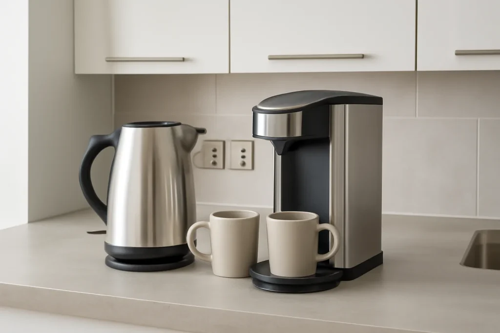 Kettle and hot water dispenser side by side on a kitchen counter
