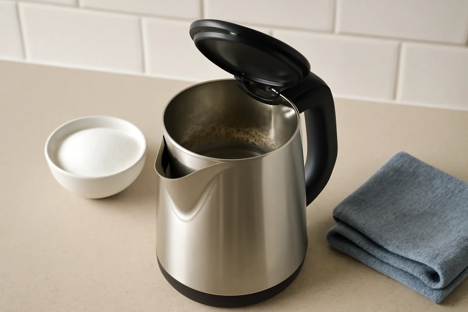Open electric kettle with limescale ready for cleaning