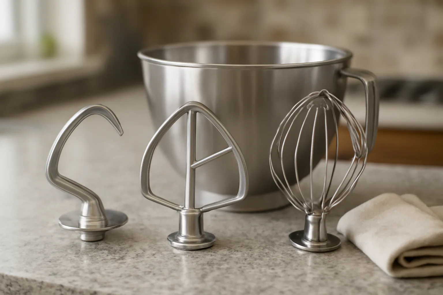 Stand mixer dough hook, paddle and whisk ready for maintenance