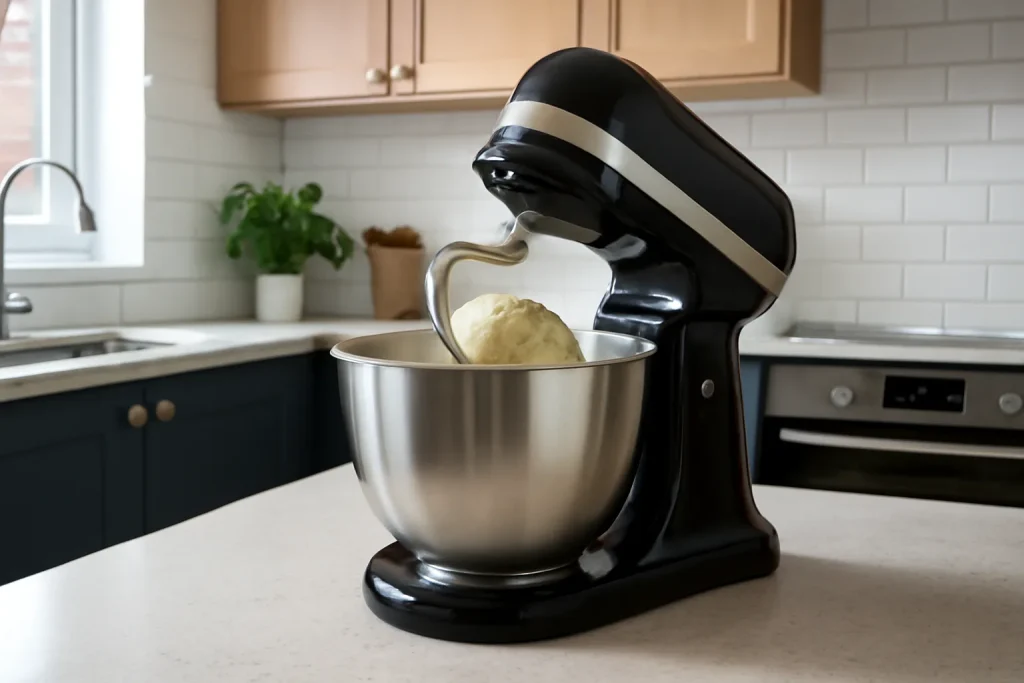 Stand mixer dough hook kneading bread dough in a kitchen