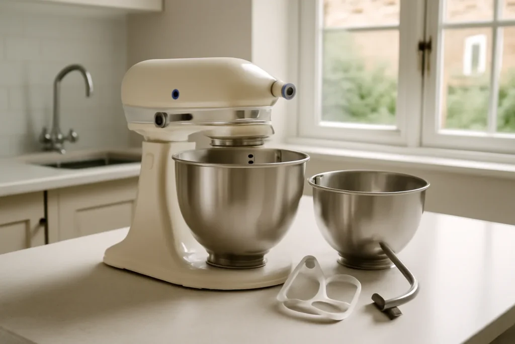 Stand mixer and attachments on a kitchen counter for maintenance
