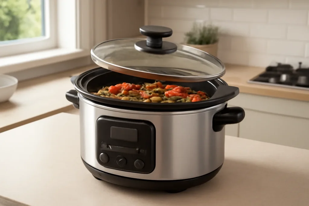 Digital slow cooker on a kitchen worktop with stew inside