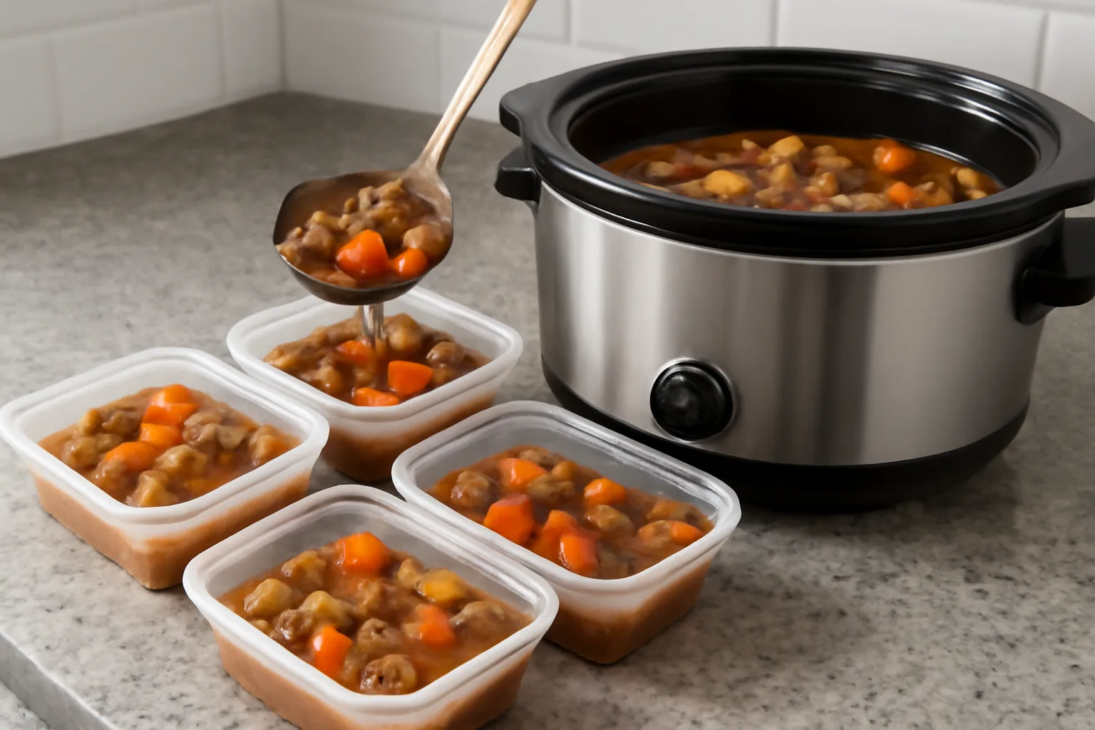 Slow cooker stew portioned into meal prep containers