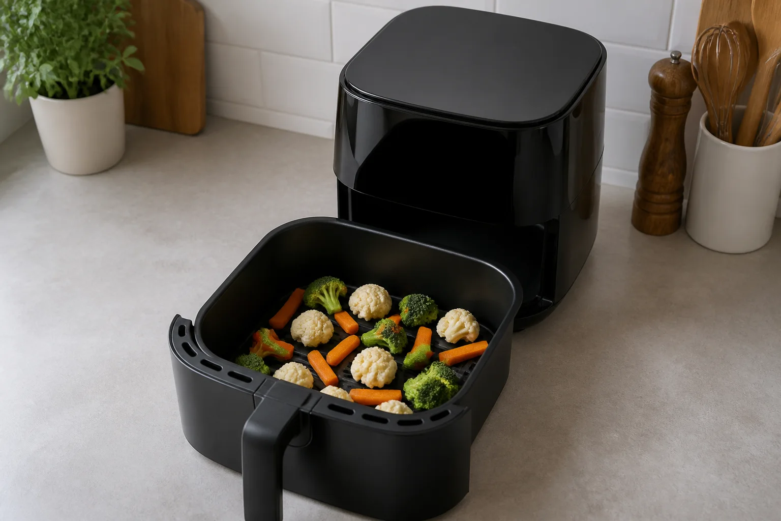 Air fryer basket showing usable cooking capacity