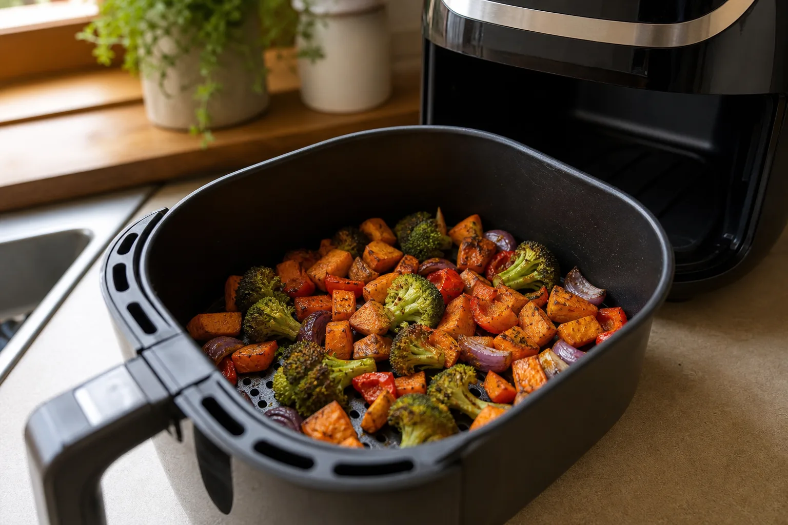 Air fryer basket with roasted vegetables for comparing power and cooking speed
