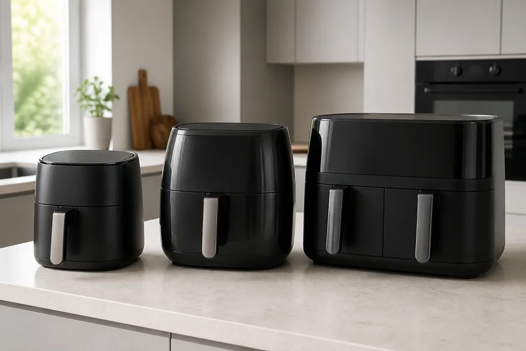 Air fryers of different sizes arranged on a kitchen counter