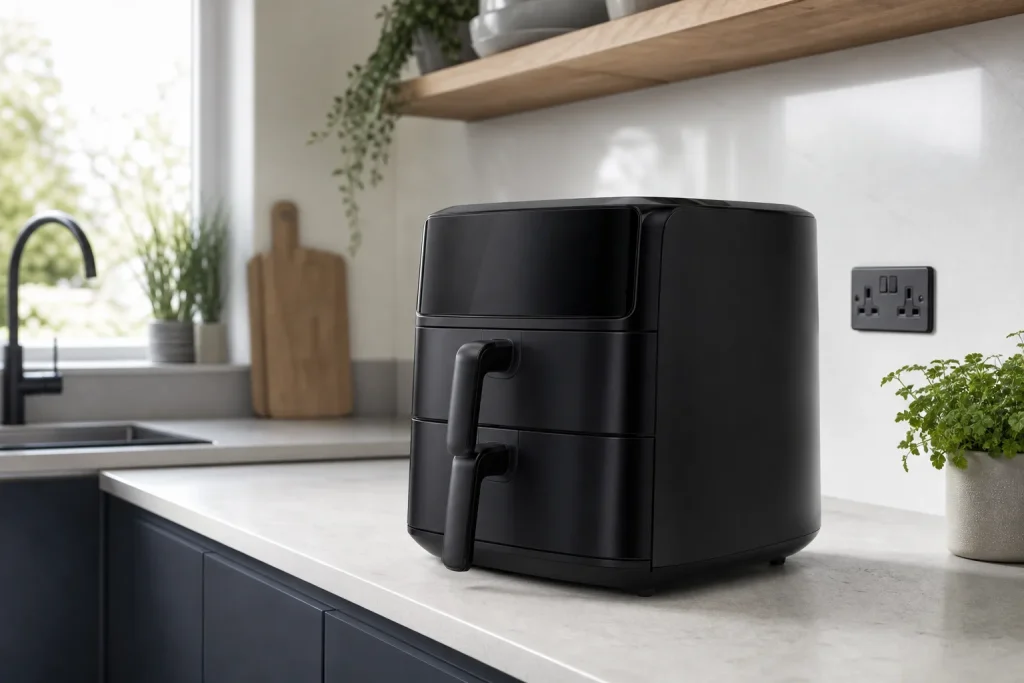 Air fryer on a kitchen worktop for comparing wattage and running cost