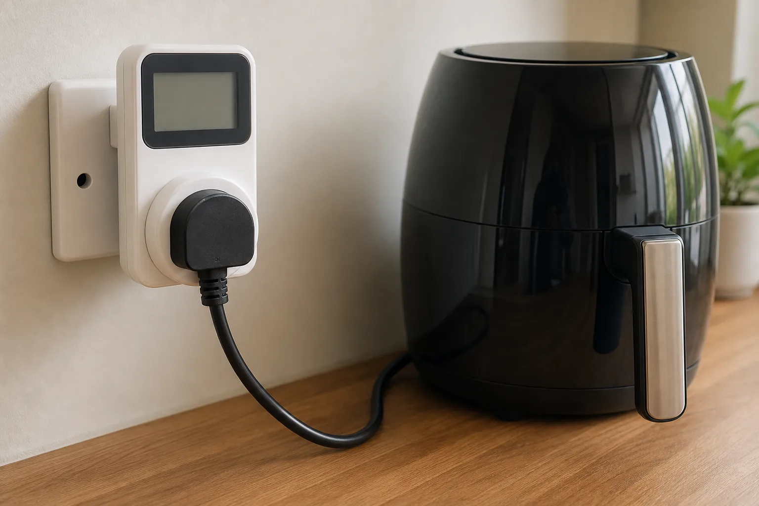 Air fryer connected through a plug-in electricity meter to calculate running cost