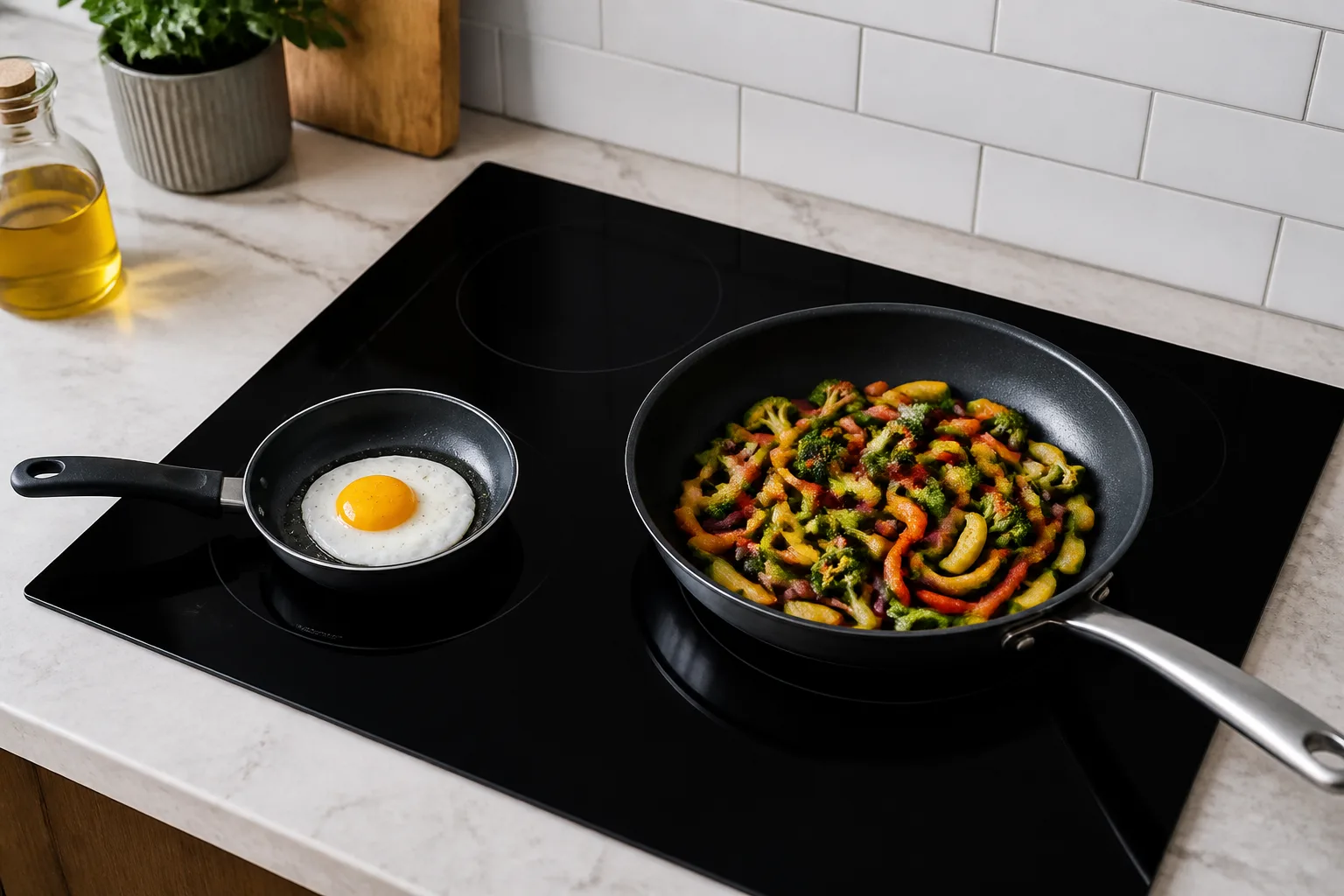 Small and large frying pans matched to induction hob zones