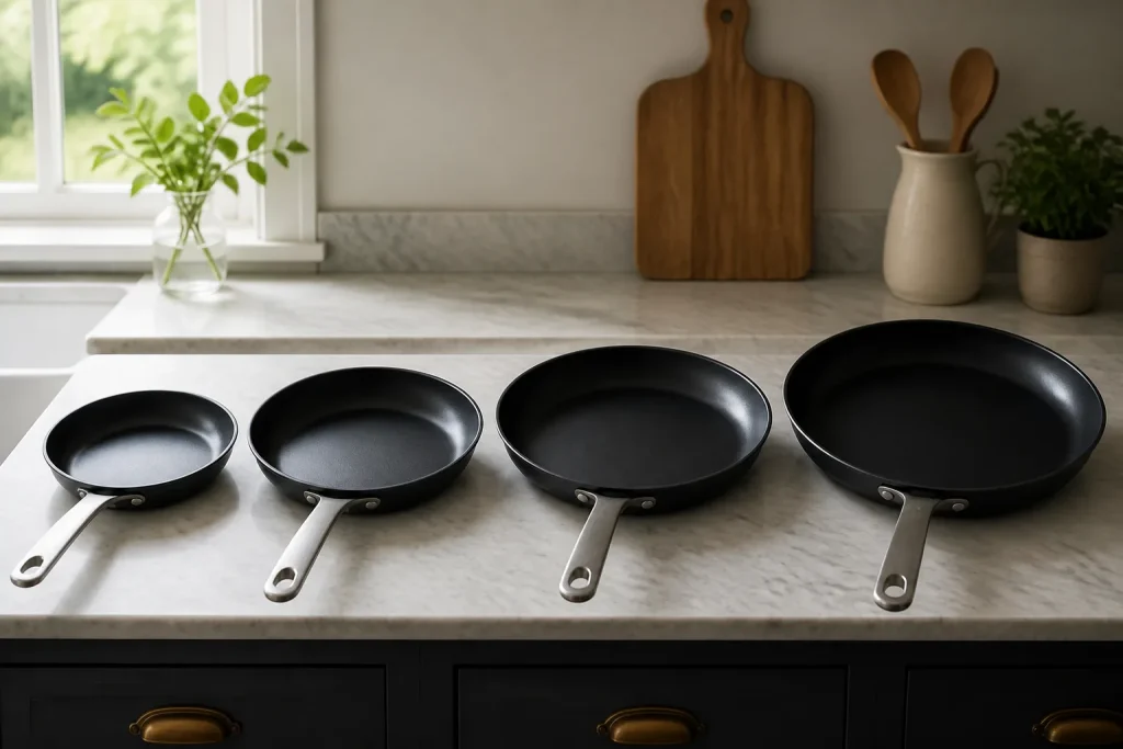 Four frying pan sizes arranged on a kitchen worktop