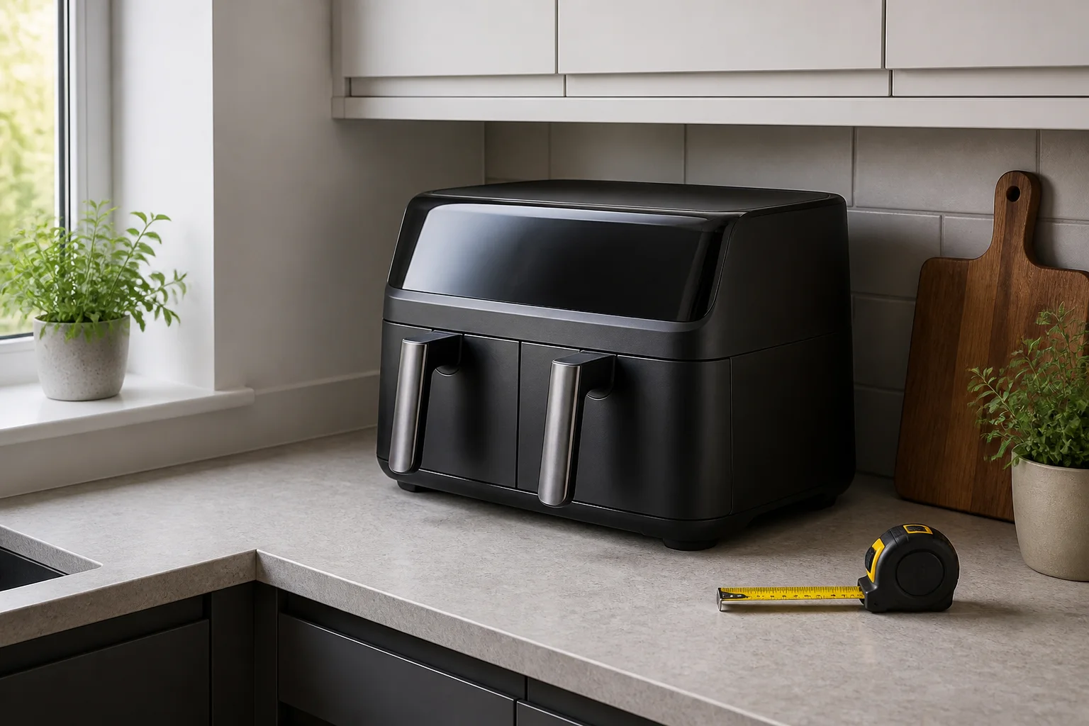 Large air fryer on a kitchen counter showing its worktop footprint