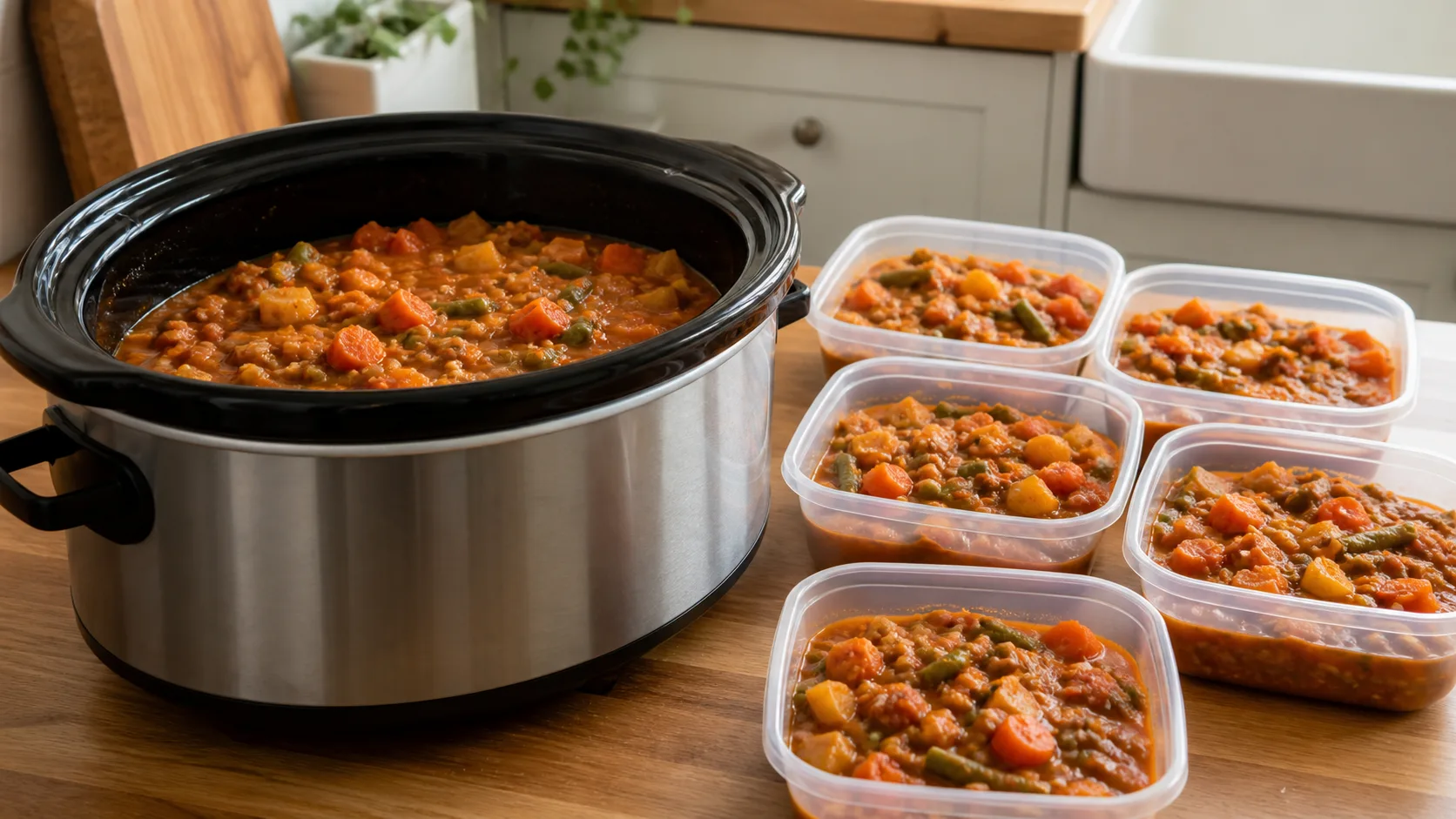 Batch-cooked vegetable stew portioned beside a large slow cooker