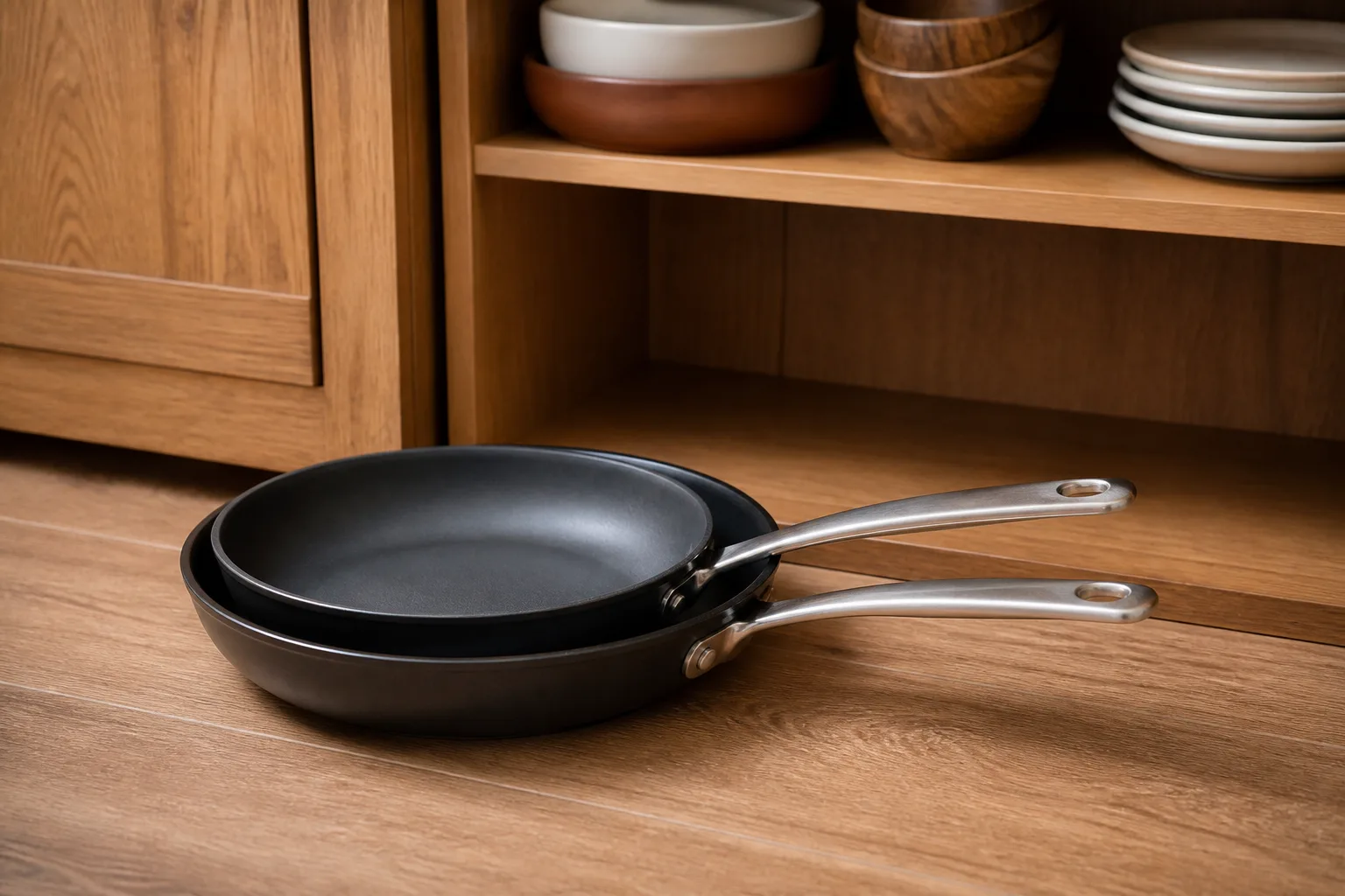 Two frying pans stacked neatly beside kitchen cupboard storage