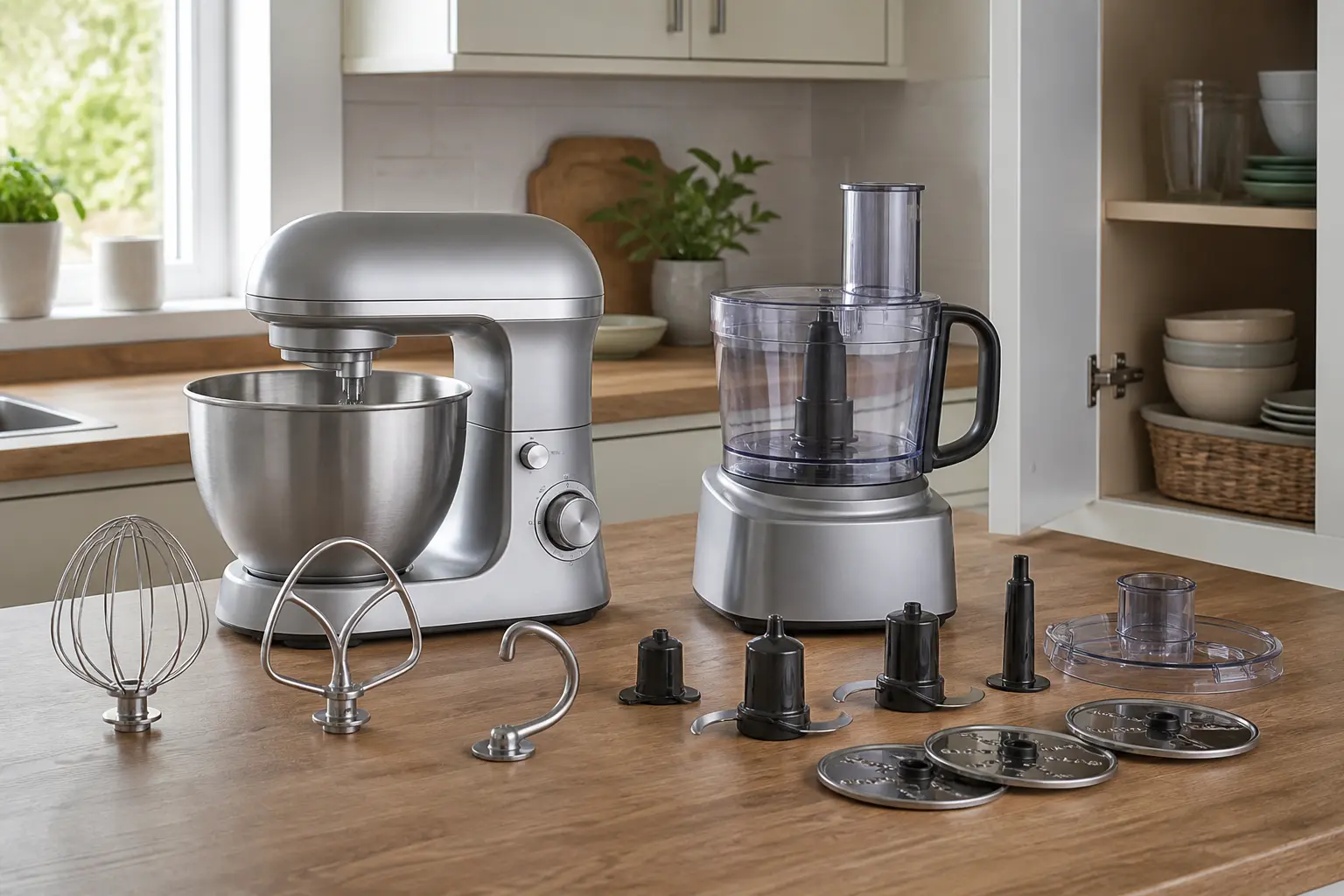 Stand mixer and food processor parts arranged for storage and cleaning